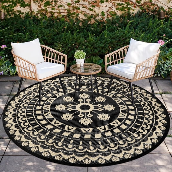 6Ft Round Outdoor Rug for Patio Reversible Mat Waterproof Plastic Straw Rug Boho Circle Indoor Outside Area Rug for RV Camping Picnic Pool Tent Balcony Beach Deck Doormats Decor, Beige