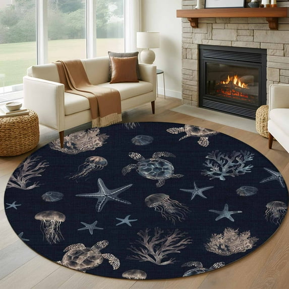 6Ft Round Rug, Navy Blue Coastal Non-Skid Rubber Backing Large Area Rugs - Living Room Bedroom Home Office, Nautical Summer Beach Sea Turtle Starfish Indoor Floor Mat Carpets Washable Rug