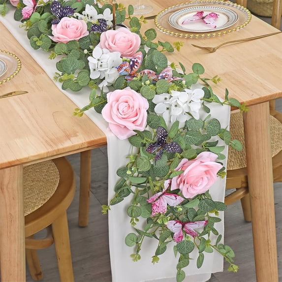 6Ft Simulation Rose with Multicolor Butterflies Garland Artificial Light Pink Rose Hanging Garland Decor Spring Valentine's Day Butterfly Rose for Wall, Room, Party Decoration