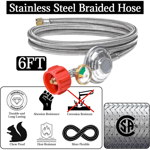 6Ft Stainless Braided Propane Regulator Hose with GaugeQCC1 Low Pressure Propane Tank Extension Hose for 20lb Tank with Elbow Adapter for Blackstone Grill,Most LP Gas Grill,Heater Fire Pit Table