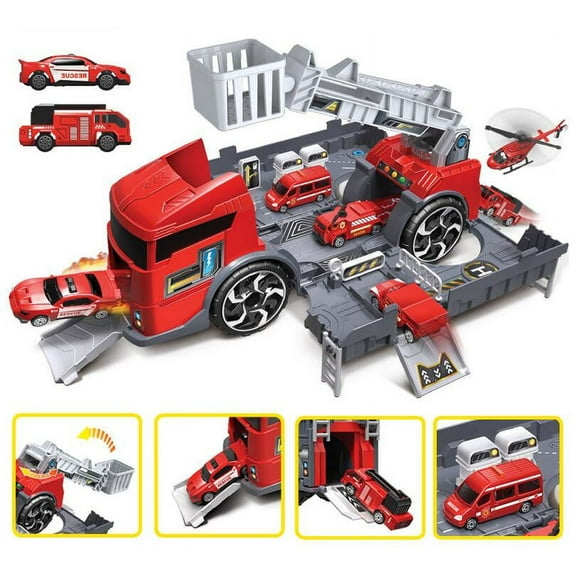 6IN1 Fire and Rescue Garage Lights and Sounds Toy Set for Kids | Working Intercom with Open and Close Parking Garage and Vehicle Lift | Playset Includes Helicopter and Fire Truck with Friction Motor