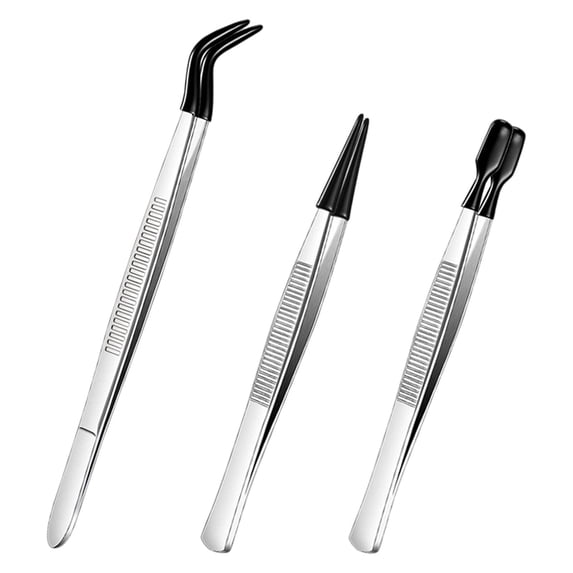6In Black Rubber Coated Tweezers, Precision with Soft Tips for Jewelry Electronics Crafting Non Slip, 3Pcs