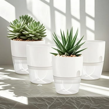 6Inch Self Watering Planter Pots 4 Pack Plant Pot for Indoor Wicking Flower Pots Plant Pots Modern Decorative Planter for House Plants,Herbs,Indoor Outdoor Plant (White)