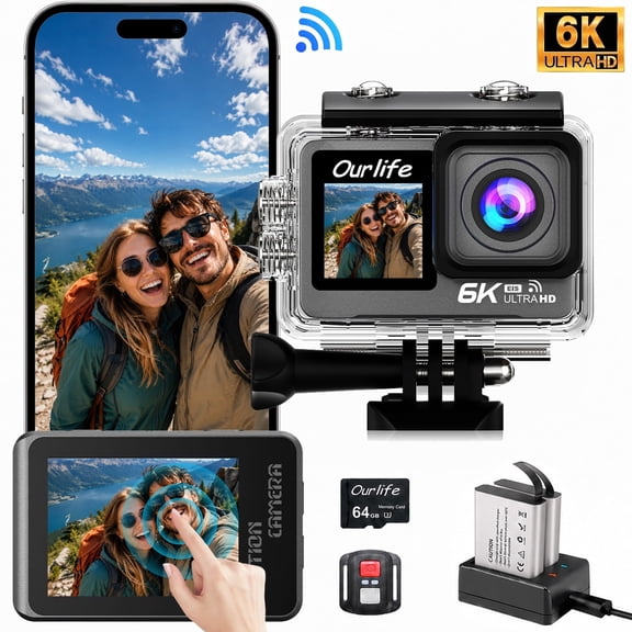 Ourlife 6K 30FPS Action Camera, 50MP Dual Screen, 100FT Waterproof Sports Camera with EIS, 170° Wide Angle, WiFi Remote, 64GB Card, 2 Batteries