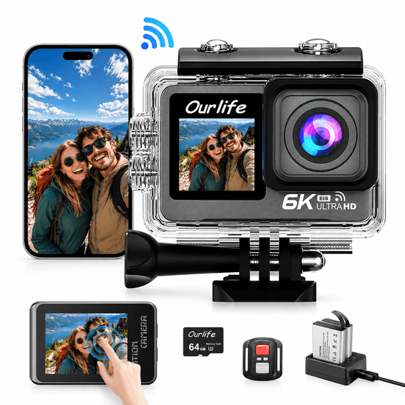 Ourlife 6K 30FPS Action Camera, 50MP Dual Screen, 100FT Waterproof Sports Camera with EIS, 170° Wide Angle, WiFi Remote, 64GB Card, 2 Batteries