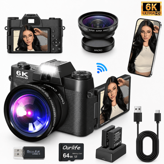 Ourlife 6K Digital Camera, 64MP Autofocus, 3" IPS Screen, Wide Angle Macro Lens, WiFi Control, 16X Zoom, External Mic, 64GB Card