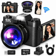 Ourlife 6K Digital Camera, 64MP Autofocus, 3" IPS Screen, Wide Angle Macro Lens, WiFi Control, 16X Zoom, External Mic, 64GB Card