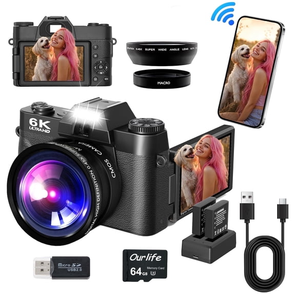 Ourlife 6K Digital Camera, 64MP Autofocus, 3" IPS Screen, Wide Angle Macro Lens, WiFi Control, 16X Zoom, External Mic, 64GB Card