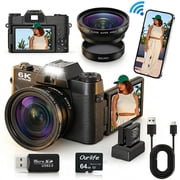 Ourlife 6K Digital Camera for Photography, 64MP Vlogging Camera for YouTube with WiFi, 16X Zoom Autofocus, Wide-Angle & Macro Lens, 64GB Card - Black