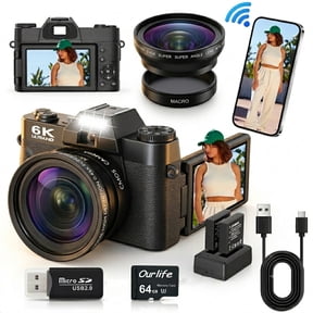 Ourlife 6K Digital Camera for Photography, 64MP Vlogging Camera for YouTube with WiFi, 16X Zoom Autofocus, Wide-Angle & Macro Lens, 64GB Card - Black