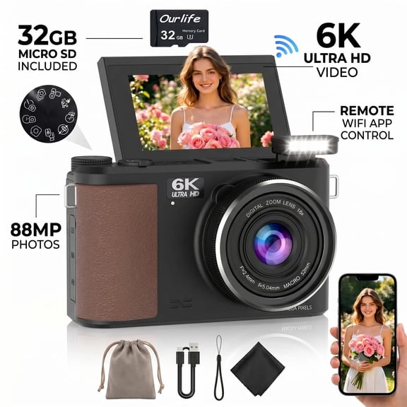 Ourlife 88MP 18x Zoom Mirrorless Digital Camera, Black