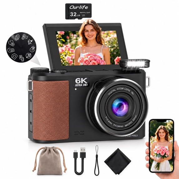 Ourlife 88MP 18x Zoom Mirrorless Digital Camera, Black