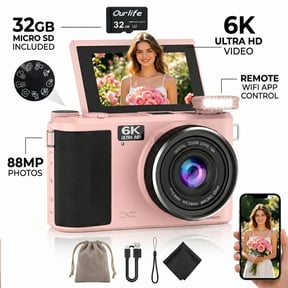 6K Digital Camera 88MP with Autofocus, 18X Zoom Vlogging Camera for Youtube, 3" Flip Screen, Compact Travel Camera, Includes 32GB Card, Pink