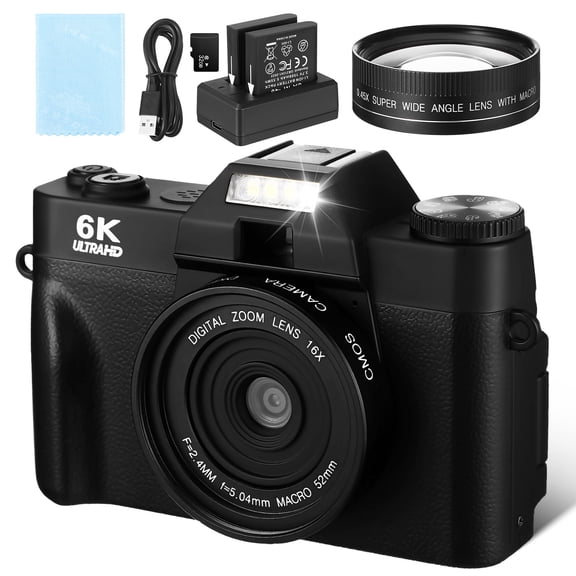 6K Digital Camera for Photography, 64MP Vlogging Camera for YouTube with 3" 180 Flip Screen, 16X Zoom Autofocus