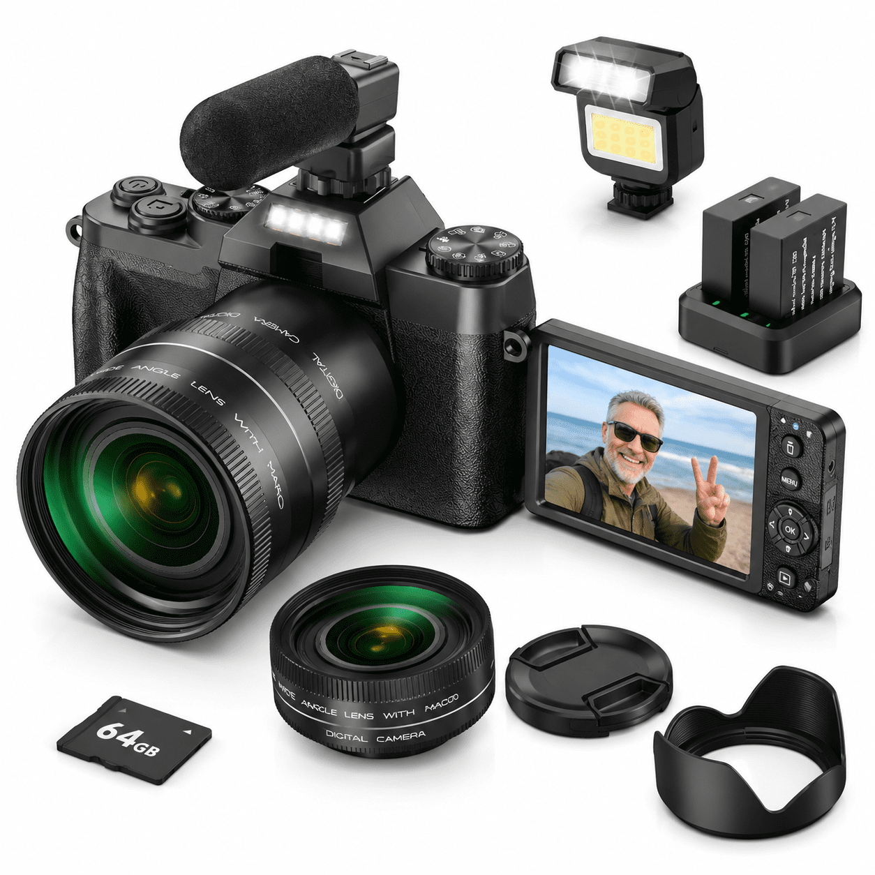 6K WiFi Flip Screen Digital Camera with Mic and Fill Light, Black ...