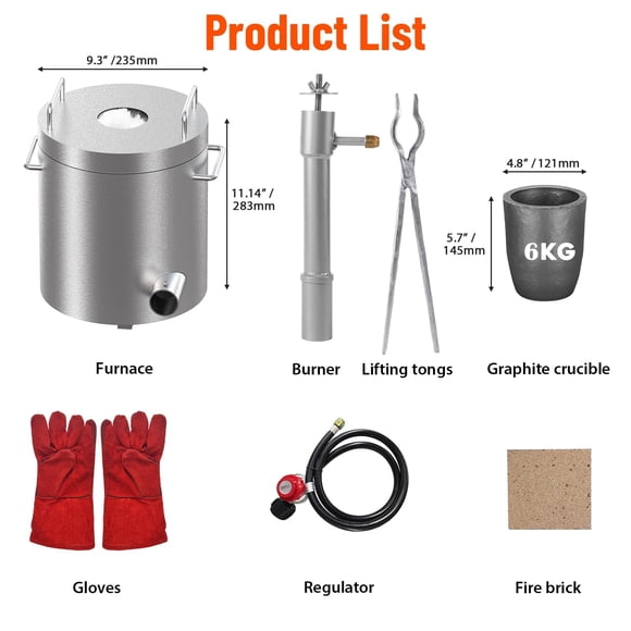 6KG Propane Melting Furnace Kit with Crucible and Tong, Full Stainless Steel Foundry Kiln or Scrap Metal Recycling Gold, Silver, Copper, and Aluminum Smelting and Refining, Siver