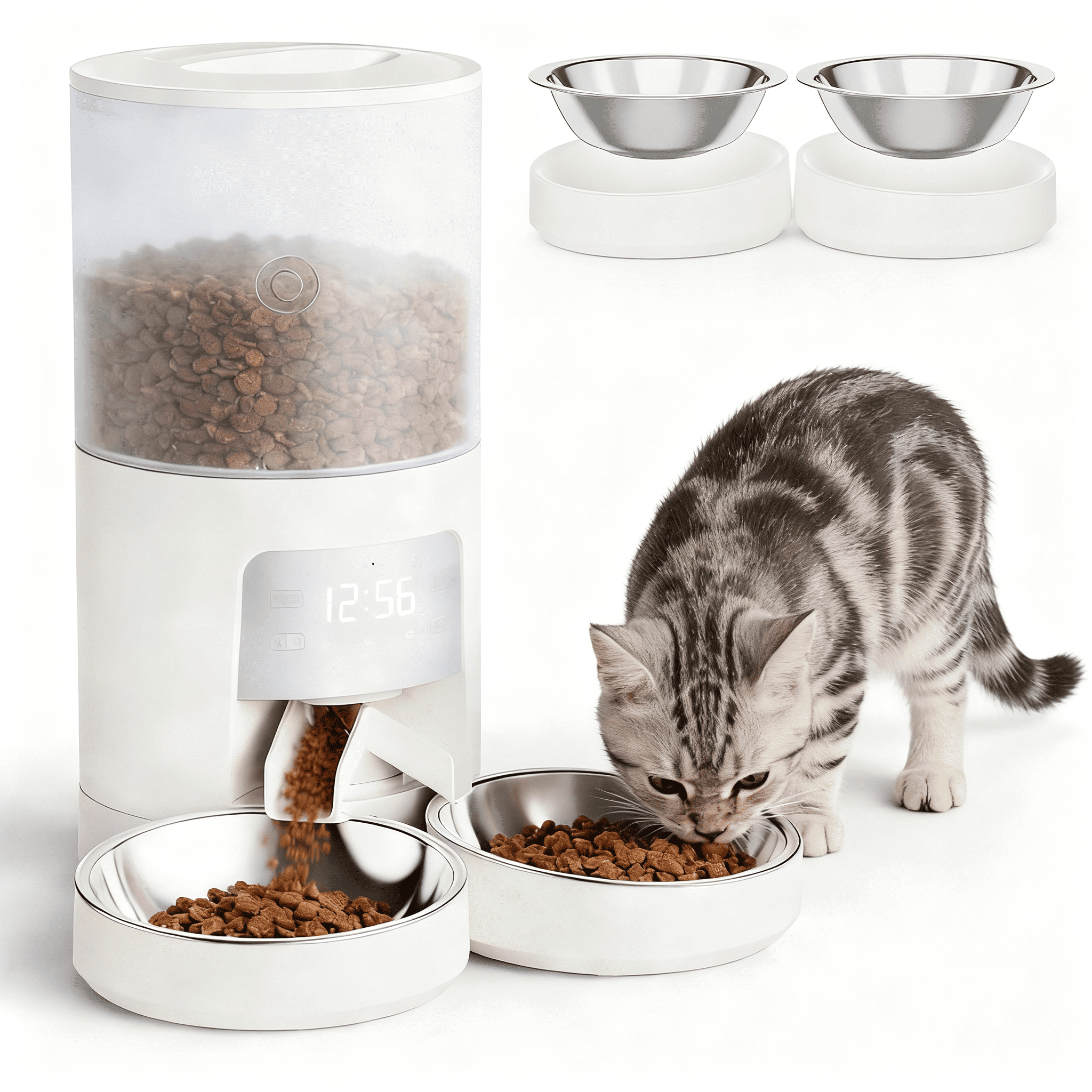 6L Automatic Cat Feeder for 2 Cats, Timed Cat Food Dispenser with 2 Stainless Bowls, 10s Voice Recorder, Dual Power Supply, 6 Meals 50 Portions Per Day, Dual Pet Feeder for Cat and Dog