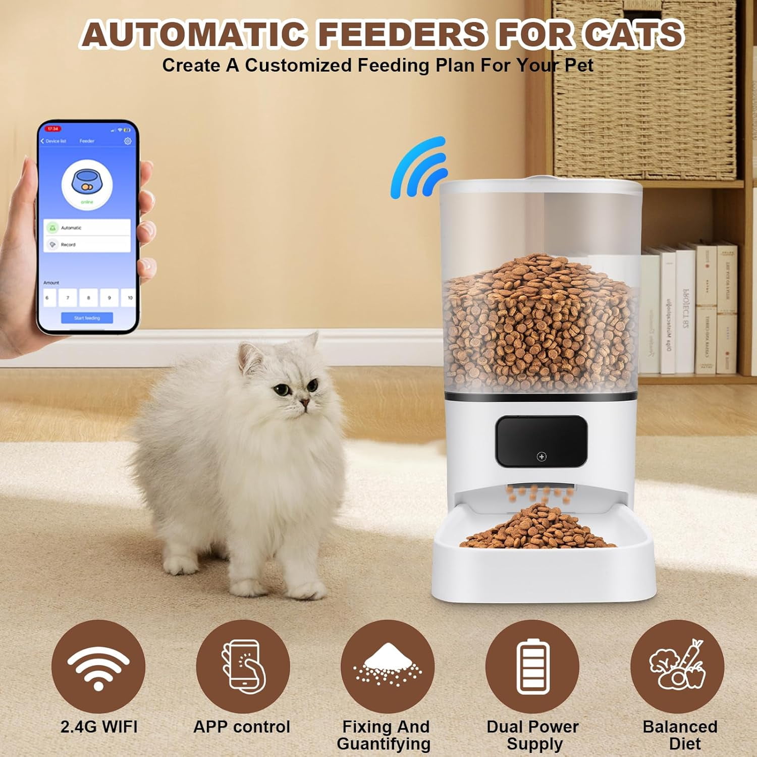 6L Automatic Cat Feeder for 2 Cats with Smart APP Control and Dual Bowls