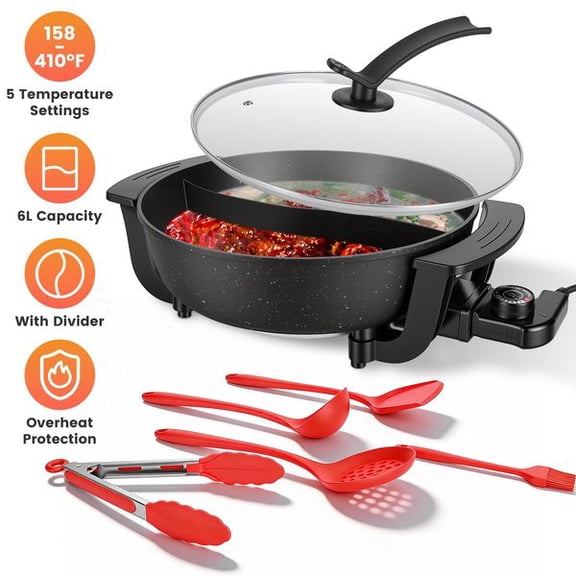 6L Dual Flavor Electric Hot Pot with Divider, 5 Temp Control Non-Stick Coating Glass Lid Complete Cooking Accessories for Family Party Meals,,Gatherings,