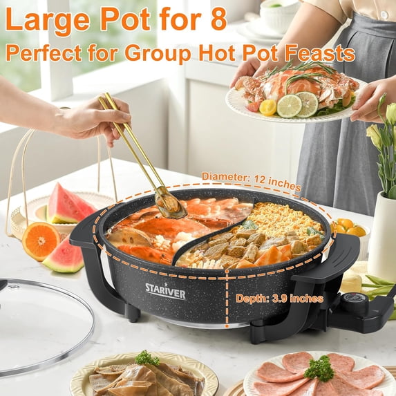 6L Electric Hot Pot with Divider - Dual-Flavor Fondue & Shabu Shabu Pot, 1360W with 5-Temp Control, Non-Stick & BPA-Free