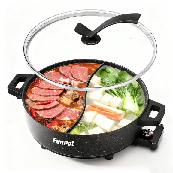 6L Electric Hot Pot with S-Shape Dual-Divider, Smart Temperature Control, 5 Heat Settings, 1350W Fast Boiling, Diamond Nonstick Pot (Black Hollow Handles) Y101