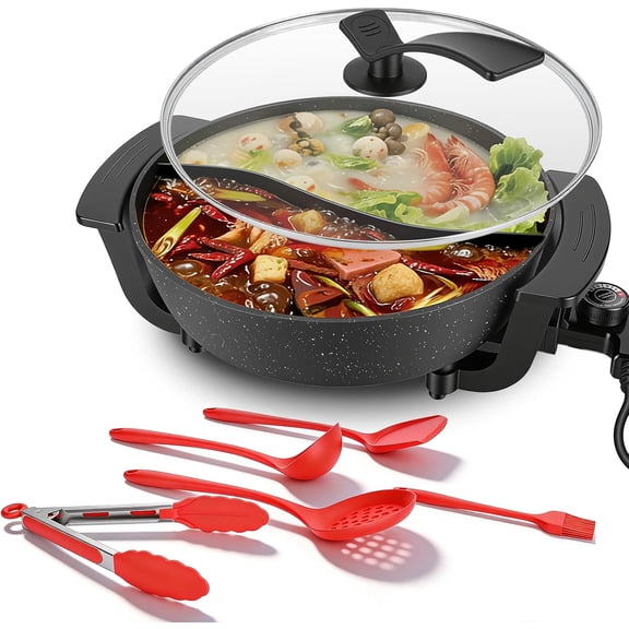 6L Electric Hot Pot with Divider, 1100W Dual-Flavor Pot Shabu Shabu Pot with 5-Temp Control, Non-Stick for Hot Pot, Family Dinners & Parties