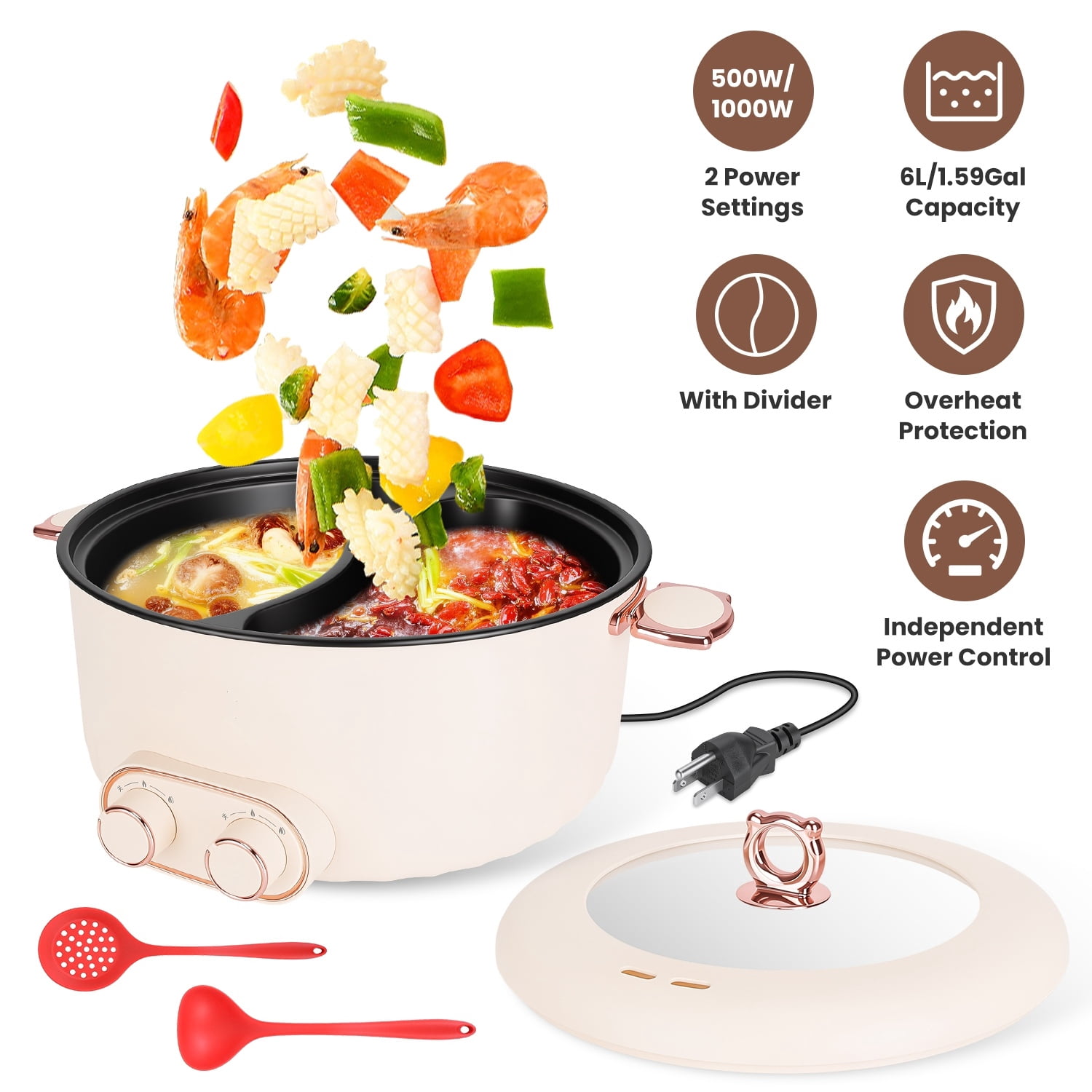 6L Electric Hot Pot with Divider Dual Flavor Non-Stick for Family Gathering
