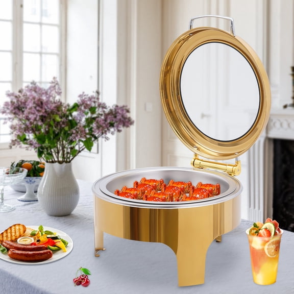 6L Golden Stainless Steel Buffet Warmer with Alcohol Stove - 1.58 Gal Large Capacity, Clear Glass Lid, Elegant Design for Parties, Weddings, & Catering