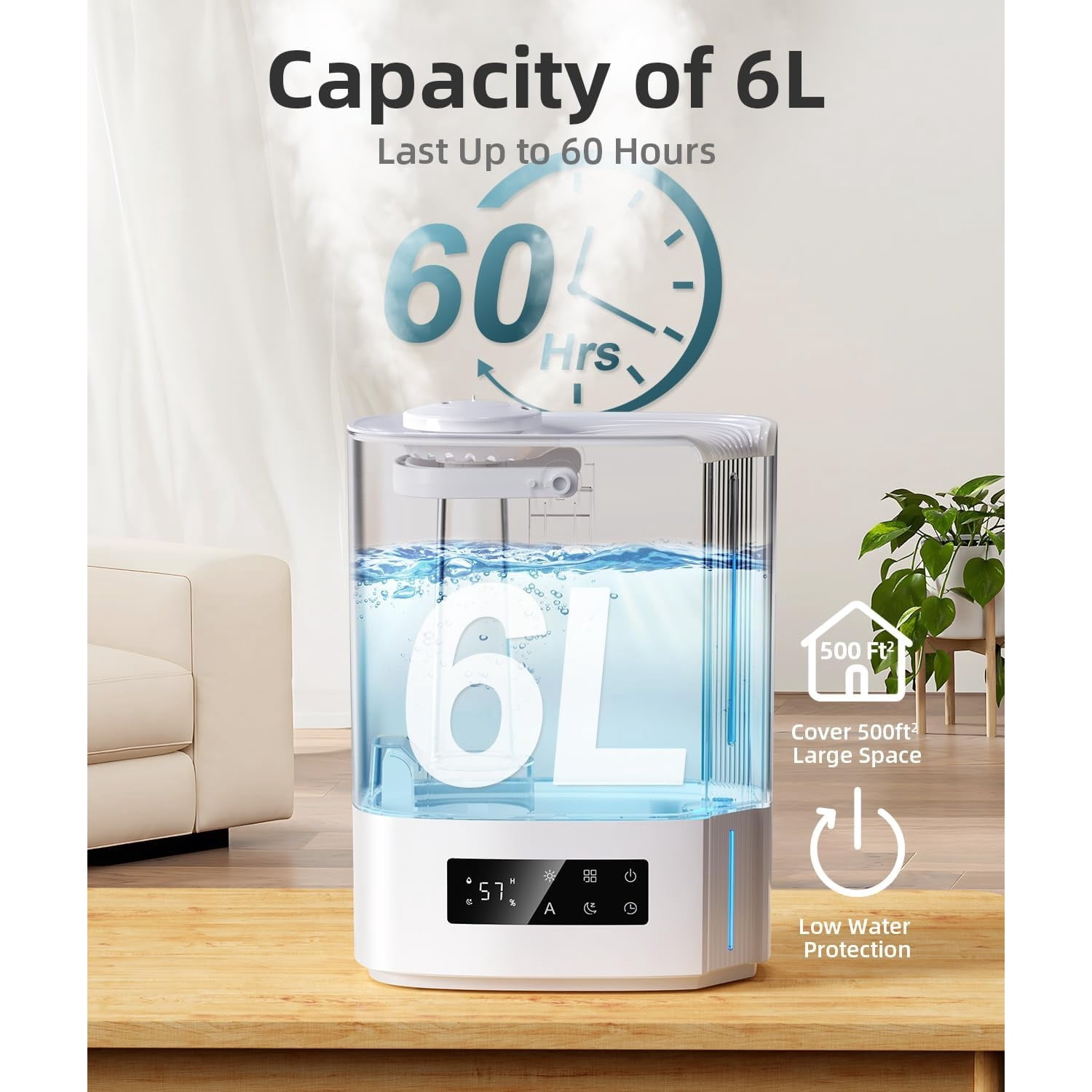 6L Humidifiers for Bedroom Large Room & Essential Oil Diffuser, Ultrasonic Top Fill Cool Mist Humidifiers for Baby, Plants, Nursery Last up to 60 Hours, Smart Humidistat Control, Quiet, White