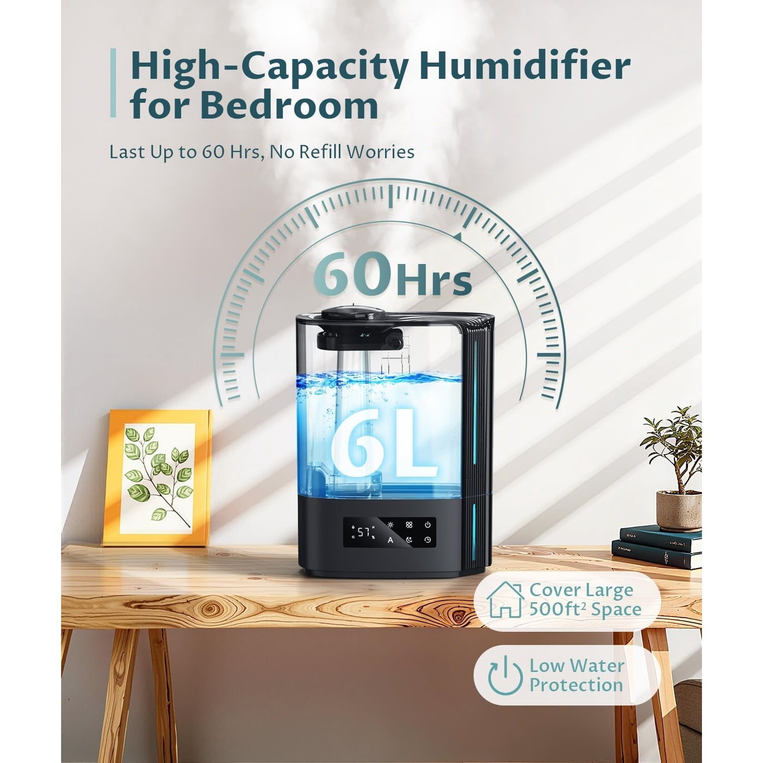 6L Humidifiers for Bedroom Large Room & Essential Oil Diffuser, Ultrasonic Top Fill Cool Mist Humidifiers for Baby, Plants, Nursery Last up to 60 Hours, Smart Humidistat Control, Quiet, Black
