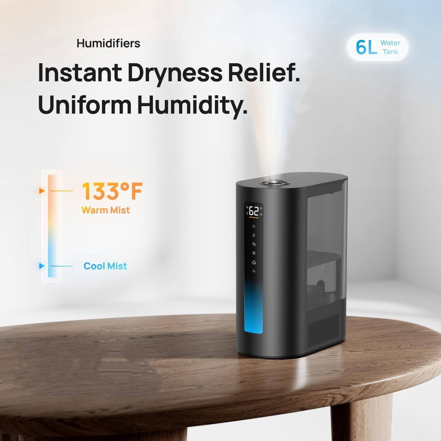 6L Humidifiers for Bedroom, Smart Warm & Cool Mist for Large Room, 60Hr Quiet Runtime for Baby, Plant, Humidity Sensor, Indicator Light, 12H Timer, Google/Alexa, Black