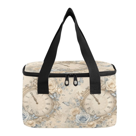 6L Insulated Lunch Bag Square Handheld Cooler Tote Blue Butterfly Rose Clock Reusable Thermal Bag with Polyester & Aluminum Lining for Work Picnic Travel