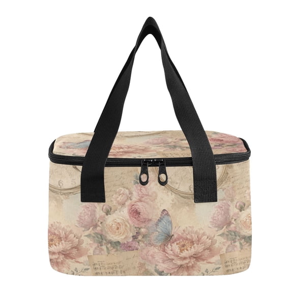 6L Insulated Lunch Bag Square Handheld Cooler Tote Vintage Peony Clock Pattern Reusable Thermal Bag with Polyester & Aluminum Lining for Work Picnic Travel