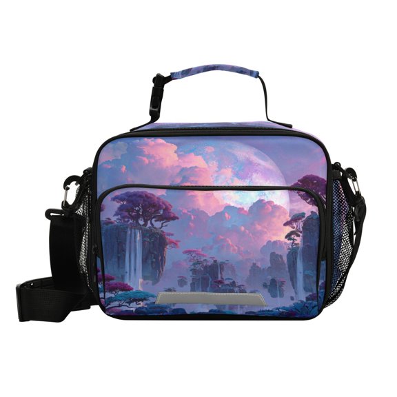 6L Large Capacity Student Lunch Bag, Insulated Cooler Bag with Reflective Strip, Crossbody Portable Printed Lunch Tote Fantasy Floating Island Waterfalls
