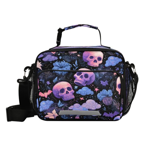 6L Large Capacity Student Lunch Bag, Insulated Cooler Bag with Reflective Strip, Crossbody Portable Printed Lunch Tote Halloween Pink Skull
