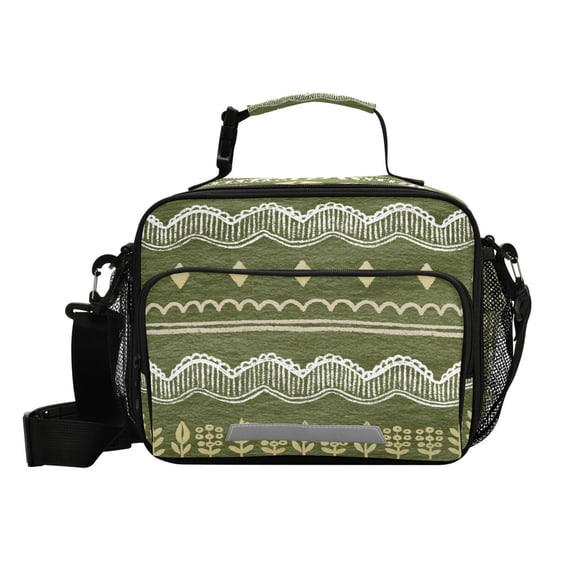 6L Large Capacity Student Lunch Bag, Insulated Cooler Bag with Reflective Strip, Crossbody Portable Printed Lunch Tote Minimal Lace Olive Pattern