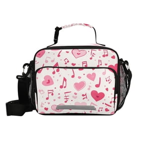 6L Large Capacity Student Lunch Bag, Insulated Cooler Bag with Reflective Strip, Crossbody Portable Printed Lunch Tote Pink Cartoon Note Elements