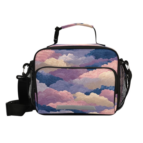 6L Large Capacity Student Lunch Bag, Insulated Cooler Bag with Reflective Strip, Crossbody Portable Printed Lunch Tote Purple Cloud Cartoon