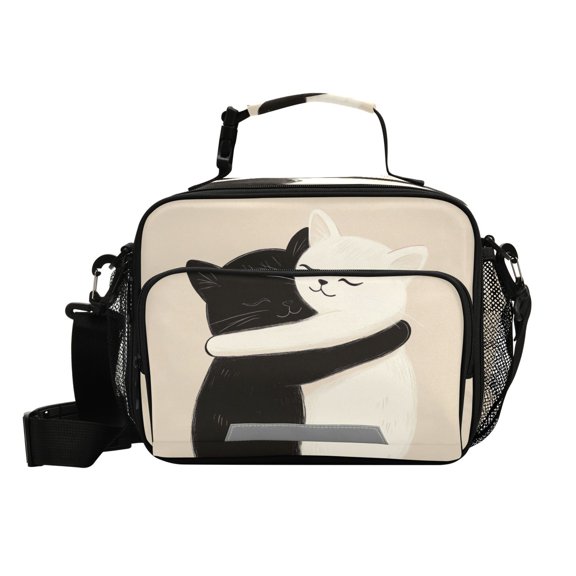 6L Large Capacity Student Lunch Bag, Insulated Cooler Bag with Reflective Strip, Crossbody Portable Printed Lunch Tote Two Cats Hugging