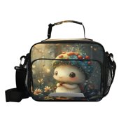 6L Large Capacity Student Lunch Bag, Insulated Cooler Bag with Reflective Strip, Crossbody Portable Printed Lunch Tote White Cartoon Mushroom Man