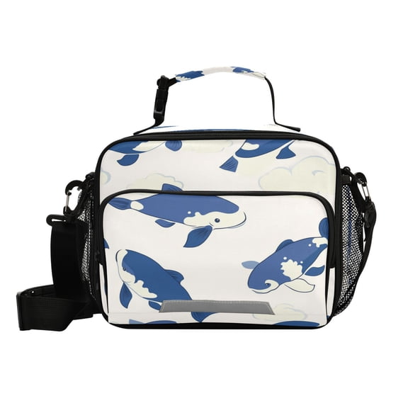 6L Leakproof Lunch Tote with Thermal Lining Lunch Bag Picnic Cooler Bag Blue and White Fish