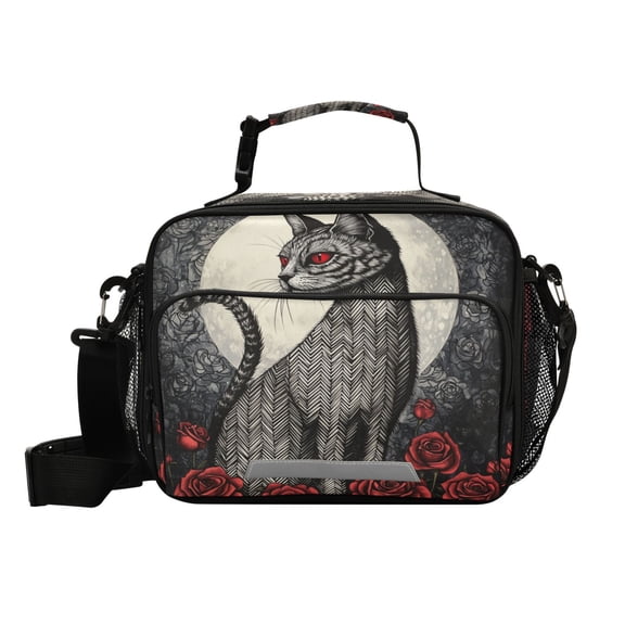 6L Leakproof Lunch Tote with Thermal Lining Lunch Bag Picnic Cooler Bag Cat and Red Roses