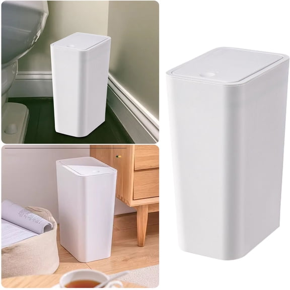 6L Narrow Rectangular Lidded Garbage Can White Bathroom Slit Storage Bucket Living Room Wastebasket(White-13X8.7X6In)