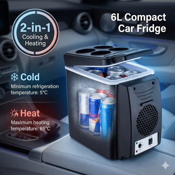 6L Portable Hot Cold Insulated Cooler Box, Dual Purpose Car Mini Refrigerator with Cup Holder, 6 Liter Thermal Storage Cooler for Car, RV, Camping, Road Trips & Outdoor Travel