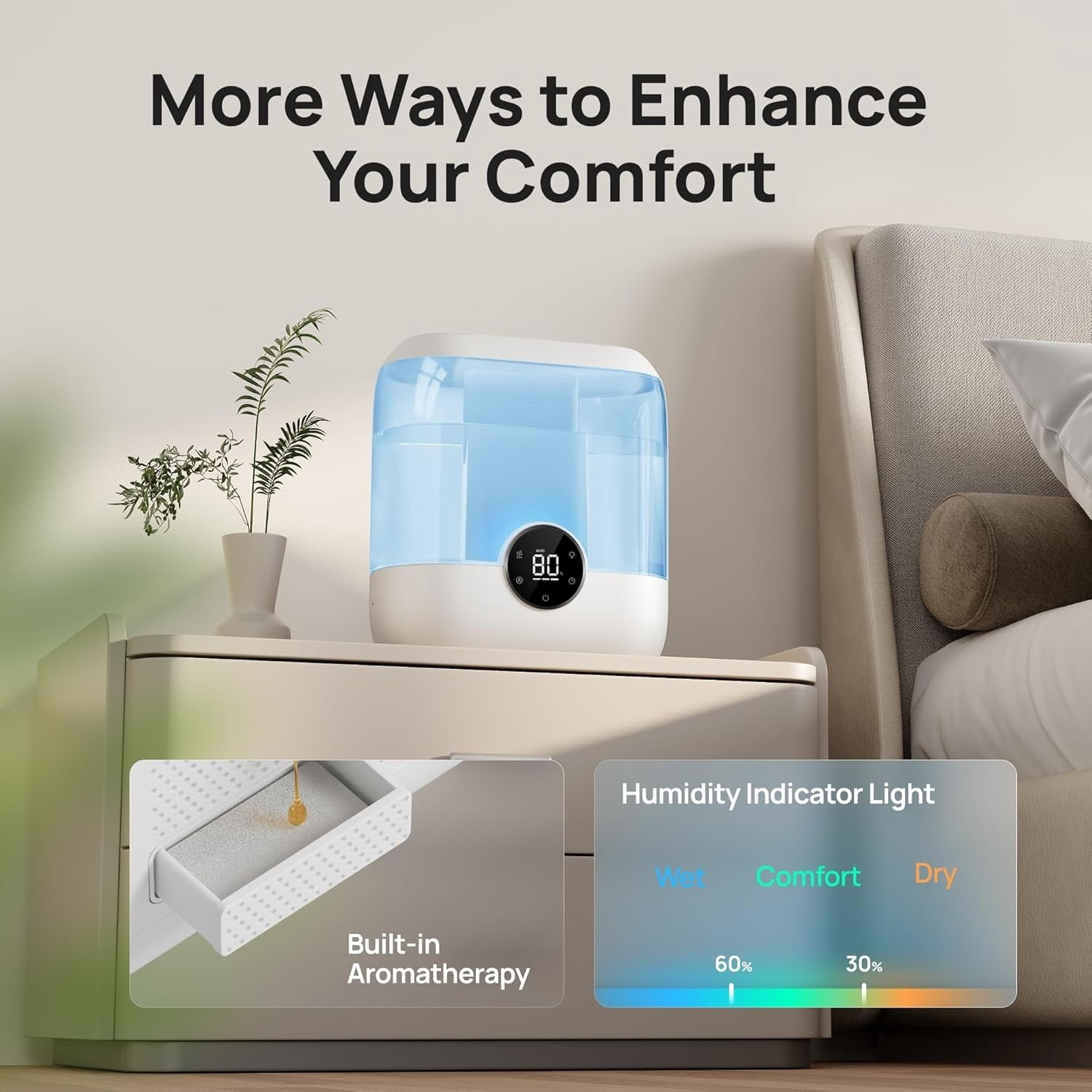 6L Top Fill Humidifiers for Bedroom, 60H Runtime 28 dB Quiet Supersized Cool Mist Air Humidifiers for Large Room, Baby Nursery, Plant, Indoor, Night Light, Easy to Clean, Precise Humidity Control
