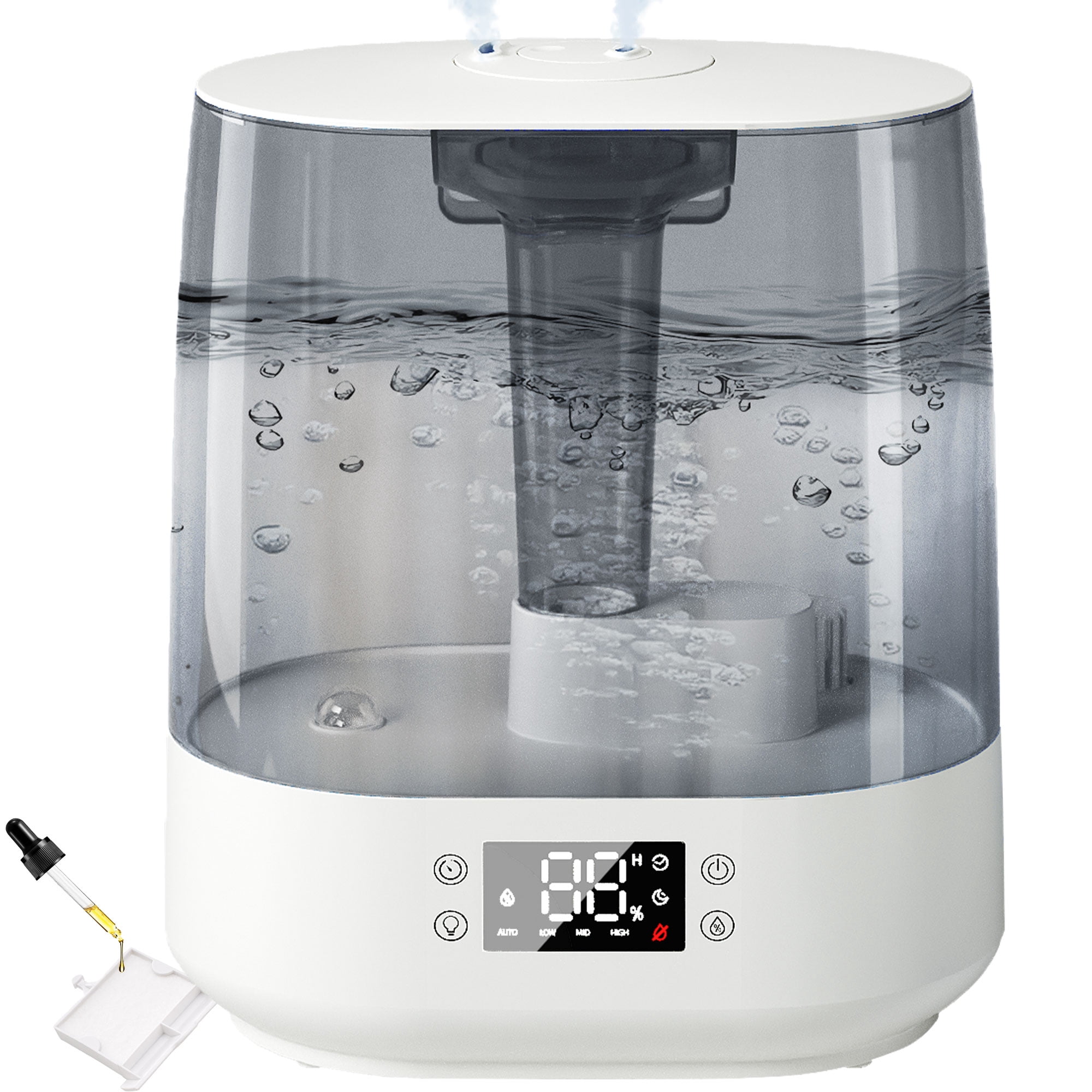 6L Humidifiers for Bedroom Baby Room, Cool Mist Ultrasonic Humidifier with Humidity Sensor, Top Fill 60H & 28dB Quiet Runtime, 8+1 Color Night Lights, 360° Dual Nozzle--Gray