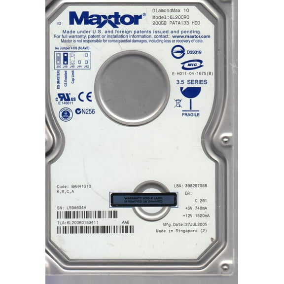 6L200R0, Code BAH41G10, KMCA, Maxtor 200GB IDE 3.5 Hard Drive