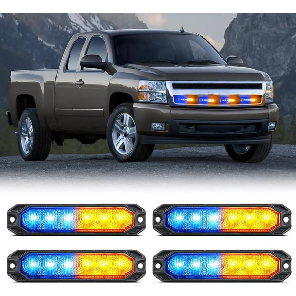 6LED Strobe Lights 4PCS Ultra slim Surface Mount Hazard Caution Light bar 12-24V Sync Feature Warning Flashing kit for Truck Car Vehicle ATV SUV UTV Yellow and Blue for Off-Road Utility Vehicles