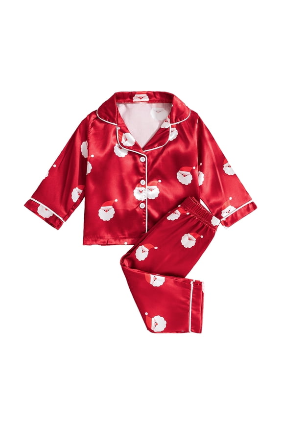 6M-5T Toddler Baby Girls Boys Satin Silk Long Sleeve Christmas Pajamas Set Kids Xmas Santa Claus Printed Button Down 2PCS Pjs Sleepwear