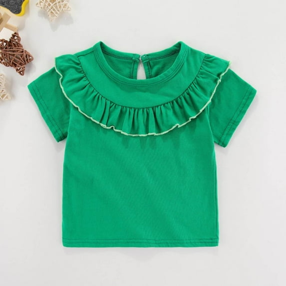 6M-5Y Toddler Kids Cute Cotton Tops 2025 Girls Short Sleeve Ruffle Crewneck Pullover Solid Color Hollow-Out Going-Out Tees Top